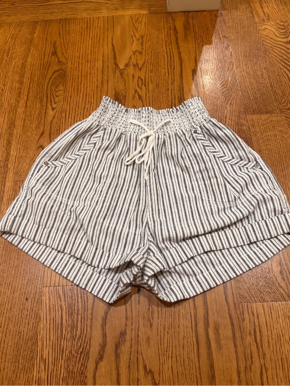 Striped Elastic-Waist Shorts — White & Blue/Gray